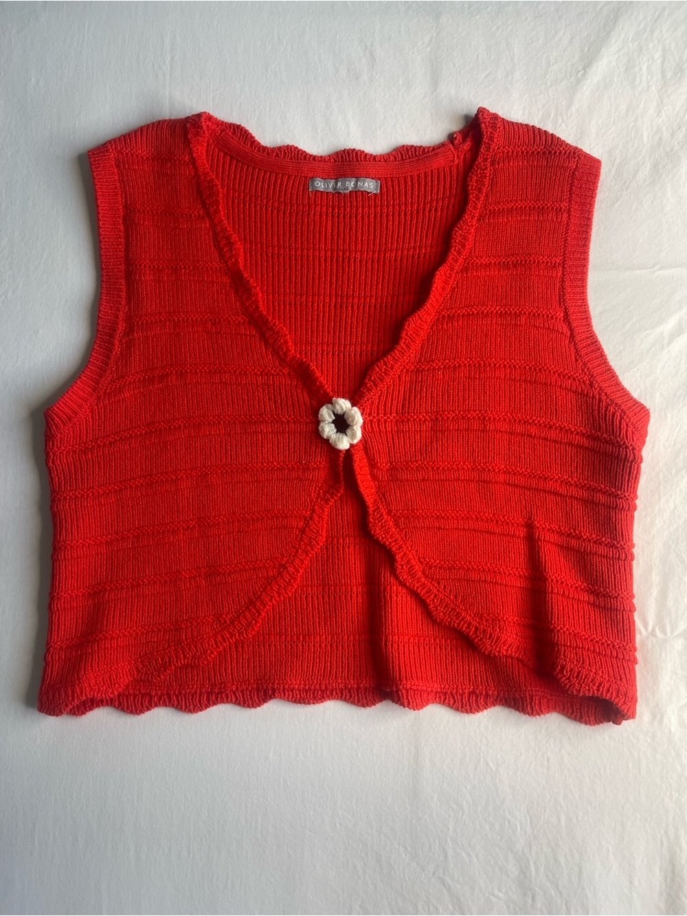 Bright Red Crochet-Button Knit Tank Vest